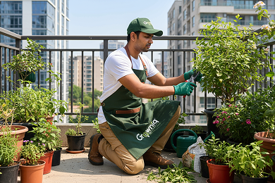 Garden maintenance with hedge trimmer